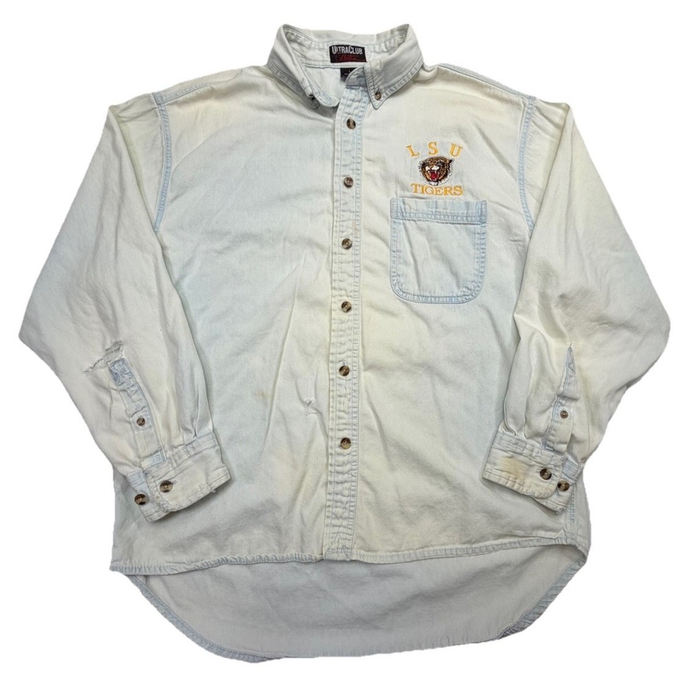 Vintage LSU Tigers Button Front Shirt Mens Large Distressed Faded Cotton